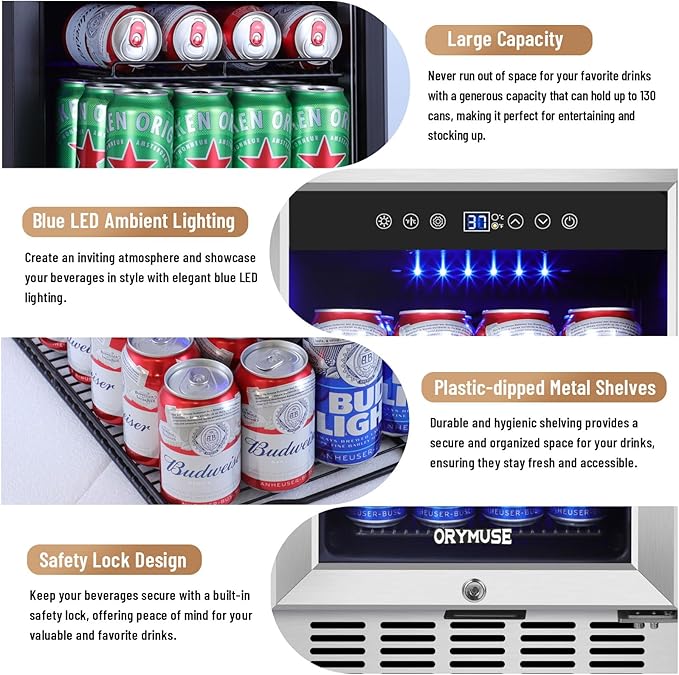 15 Inch Beverage Refrigerator, 130 Can Capacity Under Counter Fridge with Lock & Glass Door, Quiet Built-in or Freestanding Beer Cooler, Powerful Compressor for Fast Cooling-CasaMuseHome