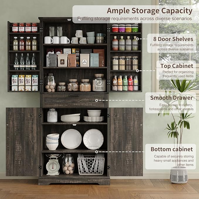 72'' Kitchen Storage Pantry Cabinet, Tall Storage Cabinet with 8 Door Shelves, 2 Cabinets and 1 Drawer, Freestanding Cupboard for Kitchen, Dining Room, Bathroom, Laundry, Living Room, Dark Rustic Oak-CasaMuseHome