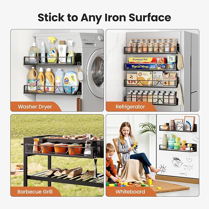 16.9 Inch Wide Large Capacity Magnetic Spice Rack for Refrigerator, 4 Pack Metal Fridge Shelf, Black-CasaMuseHome