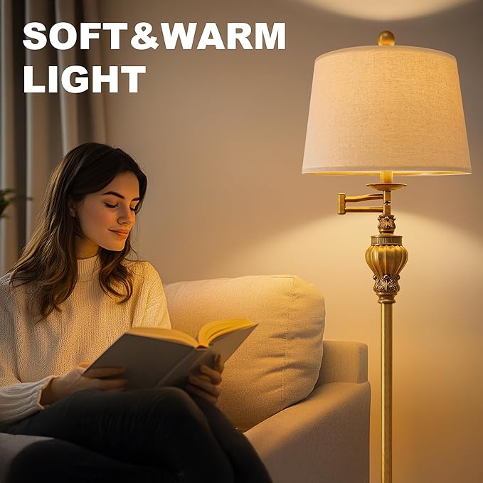 61" Vintage Floor Lamp with 350° Adjustable Swing Arm, Gold Standing Lamp for Bedroom Living Room Nightstand Bedside Retro Farmhouse Mid Century Lamp Light Home Décor Office Gifts-CasaMuseHome