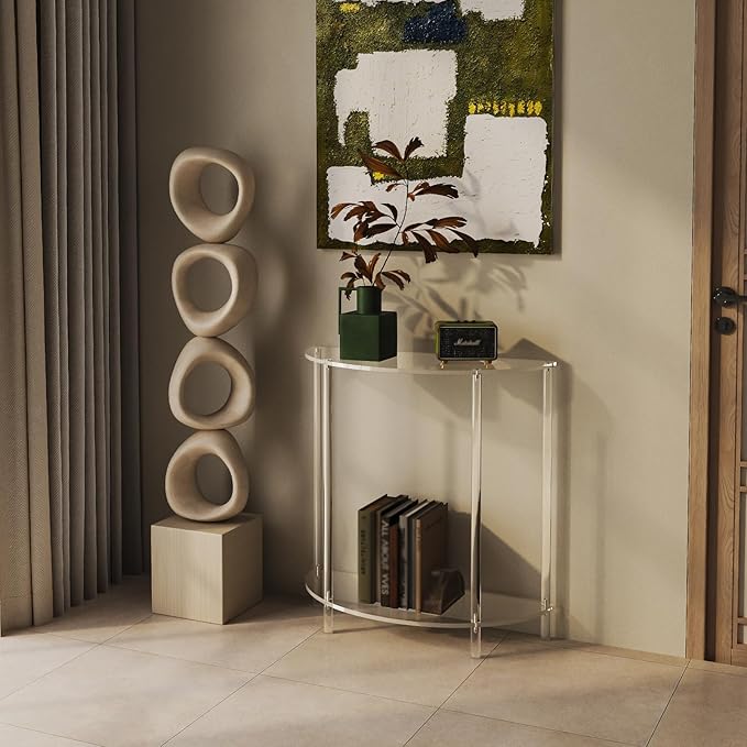 Acrylic Console Table, Half Moon, 29.5" Small Entryway Table, Clear Entry Table for Sofa, Foyer, Hallway, Living Room, Easy Assembly, 2 Tier, 11.8" D x 31.5" H-CasaMuseHome