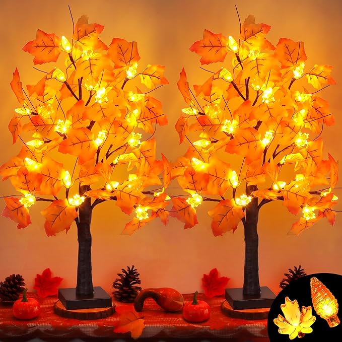 2 Pack 24 Inch Prelit Fall Maple Tree Fall Decor with 48 LEDs Timer Battery Operated Artificial Fall Light Up Tree Maple Acorn for Fall Thanksgiving Decorations Table Home Office Indoor Autumn Harvest-CasaMuseHome