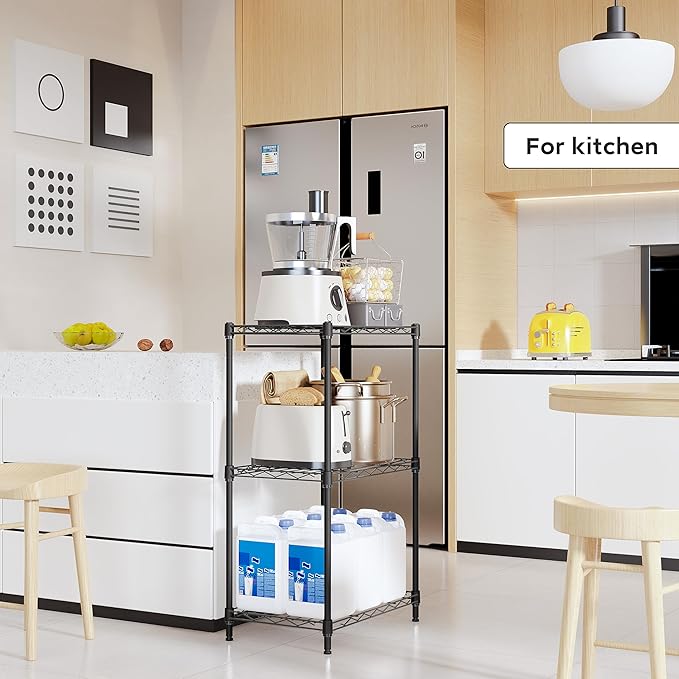 3 Tiers Shelf Metal Storage Shelves Wire Rack Closet Organizers with Wheel for Garage Kitchen Bathroom Laundry Black 11.8" D x 17.7" W x 28.8" H-CasaMuseHome