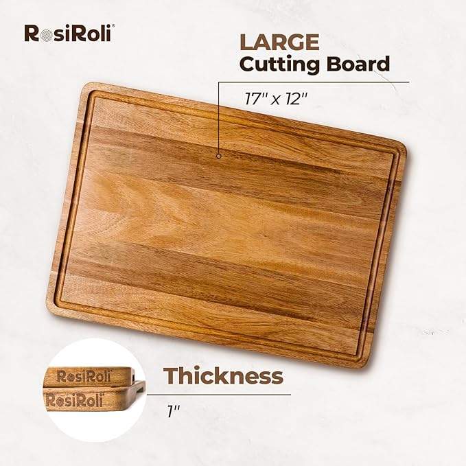 Acacia Wood Cutting Board for Kitchen - 1 inch Thick FSC Certified Wood Charcuterie Cheese Board with Side Handles and Juice Grooves, Wooden Chopping Block for Meat and Veggies, 17x12 inch-CasaMuseHome