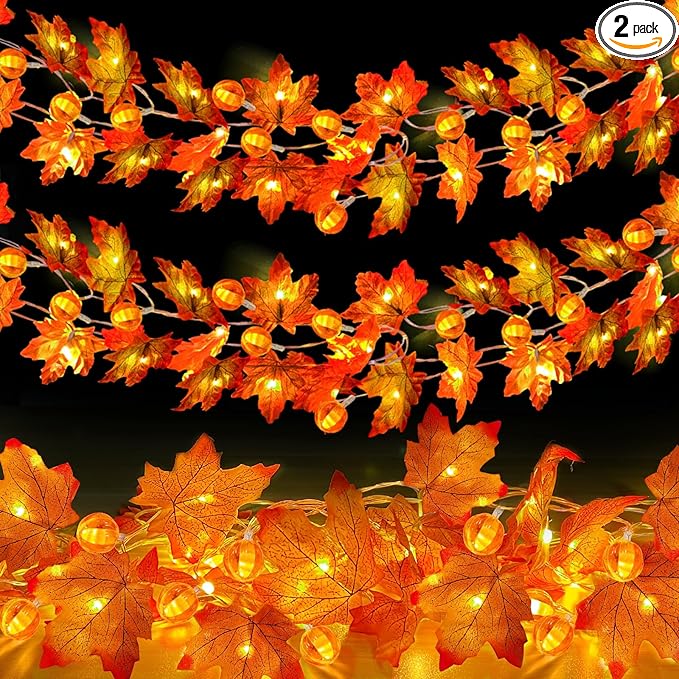 2 Pack Fall Garland with Pumpkin Lights Halloween Decorations Indoor 60 LED 20 Ft Enlarged Maples Leaves Fall Lights Battery Operated Halloween Garland Thanksgiving Decor Home Indoor Outdoor Christmas-CasaMuseHome