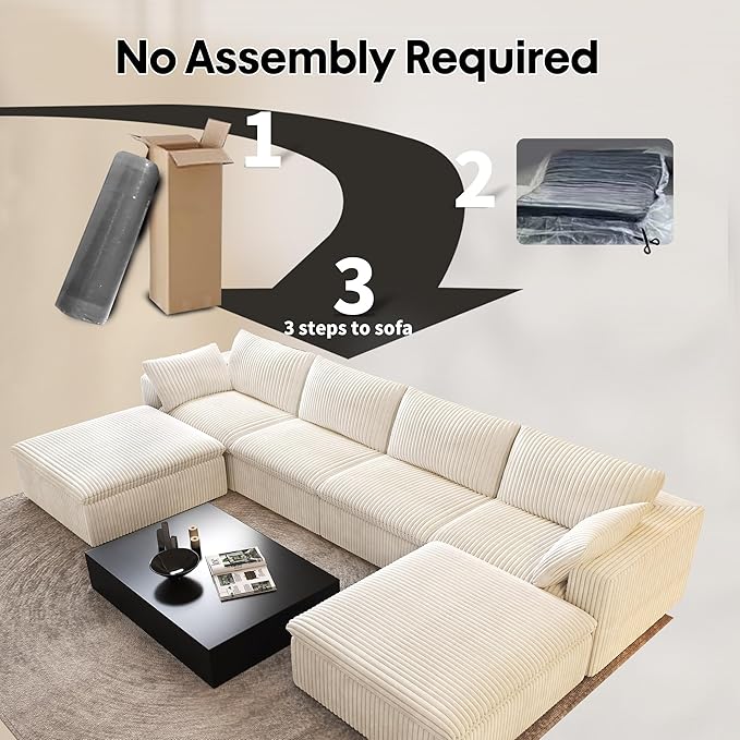157.5" U Shaped Modern Sofa Modular Sectional Cloud Couch with 2 Ottoman,Deep Seat Upholstered Couches with Corduroy Fabric for Living Room Furniture,Bedroom and Apartment,No Assembly Required,White-CasaMuseHome