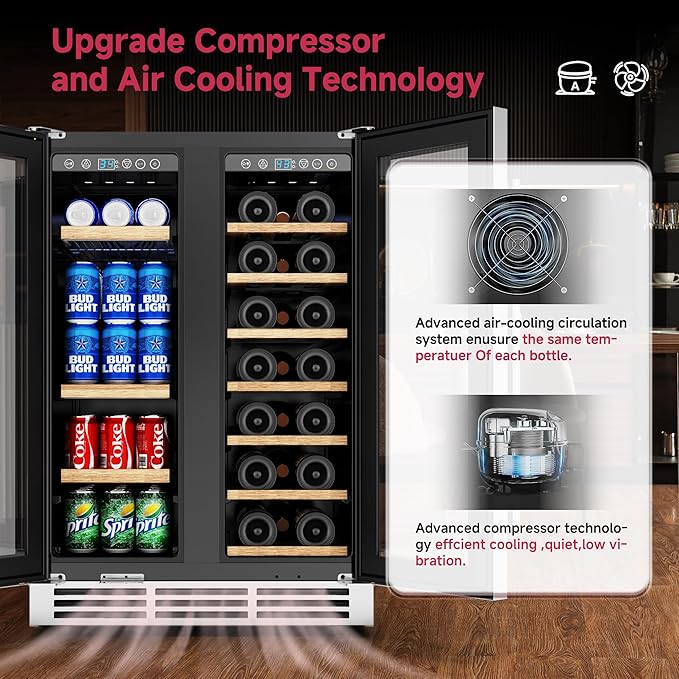 24" Wine and Beverage Refrigerator, Dual Zone Wine Cooler with Glass Door, Hold 88 Cans & 21 Bottles, Built in or Freestanding Under Counter Wine Fridge with Blue LED Light.-CasaMuseHome
