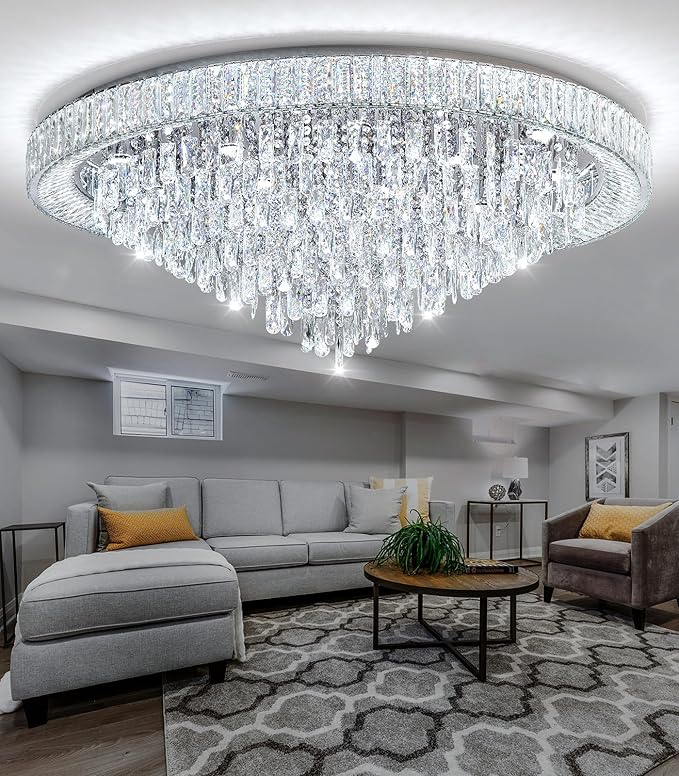 47'' Modern Chandeliers LED Dimmable Crystal Flush Mount Ceiling Chandeliers for Living Room High Ceiling Entrance Foyer Lobby Bedroom Silver-CasaMuseHome