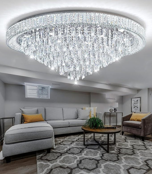 47'' Modern Chandeliers LED Dimmable Crystal Flush Mount Ceiling Chandeliers for Living Room High Ceiling Entrance Foyer Lobby Bedroom Silver-CasaMuseHome
