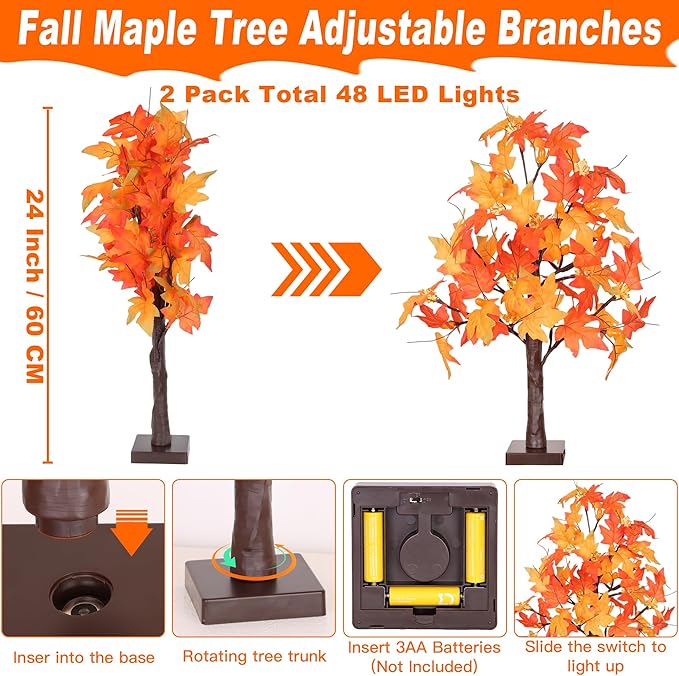 2 Pack 24 Inch Prelit Fall Maple Tree Fall Decor with 48 LEDs Timer Battery Operated Artificial Fall Light Up Tree Maple Acorn for Fall Thanksgiving Decorations Table Home Office Indoor Autumn Harvest-CasaMuseHome