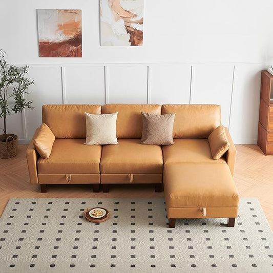 L Shape Modular Sofa, Faux Leather Sectional, 98'' 4 Seater Couch, Mid Century Modern Decor Couch, Office Sectional Sofa Bed, for House, Apartment, Living Room, Tan-CasaMuseHome
