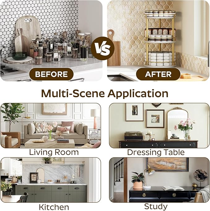 3-Tier Lazy Susan, Rotating Spice Rack, Spinning Organizer, Industrial Turntable Spice Rack for Cabinet, Kitchen Countertop, Pantry, White and Gold SR23DW-CasaMuseHome