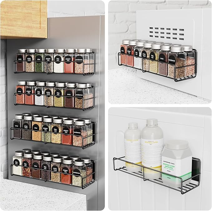 4 Pack Magnetic Spice Rack for Refrigerator, Magnetic Shelf Fridge Organizer for Kitchen Storage, Black-CasaMuseHome