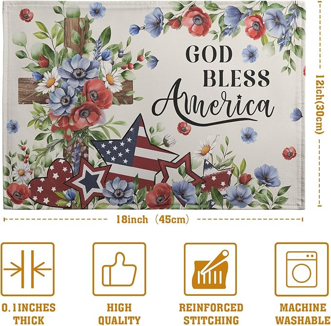 4th of July Placemats Set of 4 Patriotic Floral Cross Stars Independence Memorial Day Place Mats 12x18 Inch God Bless America Linen Fabric Table Mats for Party Kitchen Dining Decoration-CasaMuseHome