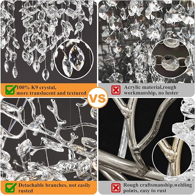 14-Light Modern Living Room Crystal Chandeliers,48" Round Silver Tree Branche Chandelier,Silver K9 Crystal Chandeliers for Dining Room,High Ceiling,Entryway、Foyer-CasaMuseHome