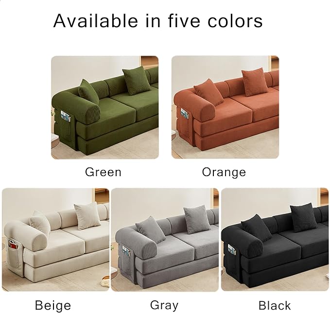107" Oversized Convertible Sleeper Sofa Bed, Corduroy L Shape Sectional Couch, Folding Sofa Bed with Side Pocket, Modern Cloud Floor Mattress Couch, Modular Sofa for Living Room, Green-CasaMuseHome
