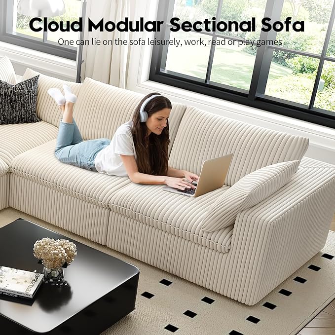 157.5" Cloud Couch Modular Sectional Sofa for Living Room,Modern Sofa with Deep Seat，L-Shape Boneless Couch with Ottoman,Comfy Upholstered Corduroy Couches for Apartment, Studio, Office,Bedroom，White-CasaMuseHome