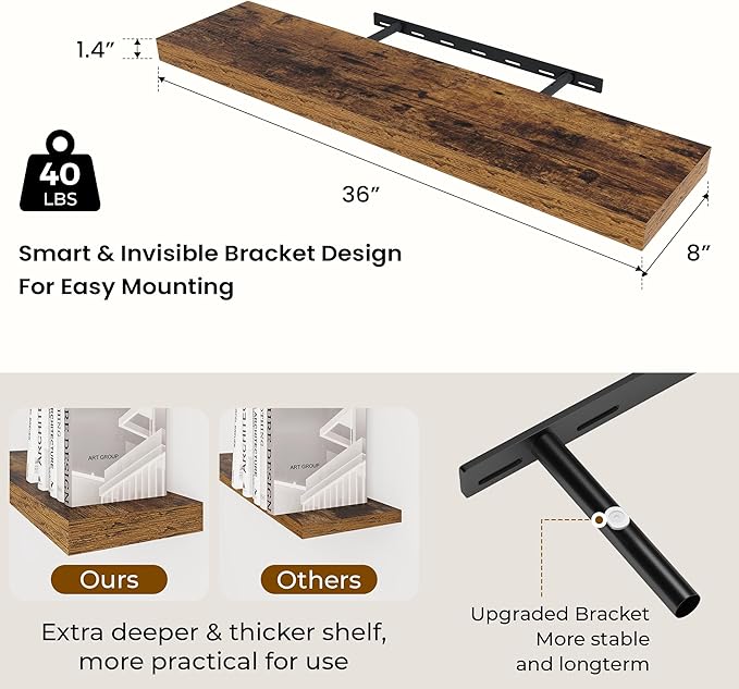 36 inch Floating Shelves Wall Shelves for Office with Invisible Brackets, 8 inch Deep Shelves for Bathroom, Living Room, Kitchen, Office, 36x7.9 inch deep Set of 2, Brown-CasaMuseHome