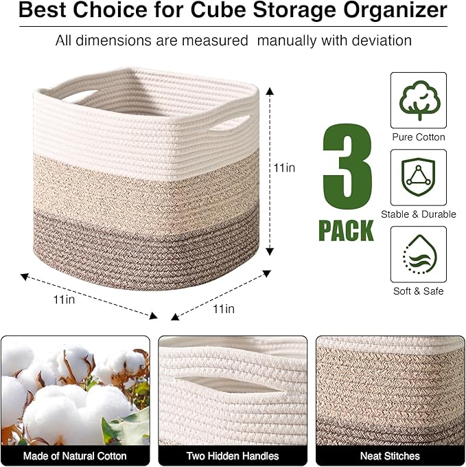 11 Inch Cube Storage Bins, Storage Cube Organizer Bins, Woven Cotton Rope Baskets for Storage, Storage Basket for Organizing Shelves, Square Baskets for Toys, Gradient Brown (Pack of 3)-CasaMuseHome