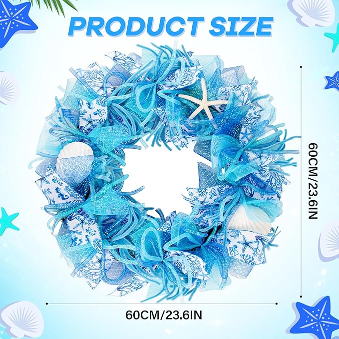 24 Inch Coastal Seashell Large Wreath with Natural Starfish & Scallops Shell, Blue Beach Style Front Door Wreath with for Spring Summer, Farmhouse Rustic Indoor Outdoor Home Wall Wedding Decor-CasaMuseHome