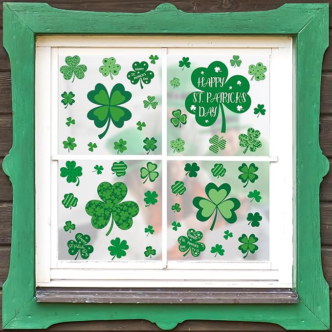 9 Sheets St Patricks Day Window Clings, 115 PCS St Patrick's Day Shamrock Window Stickers for St Patricks Day Decorations, Green Static Spring Window Clings for Glass Windows St Patricks Day Decor-CasaMuseHome