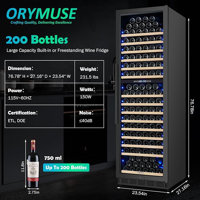 200 Bottle Dual Zone Wine Fridge – 24 Inch Large Capacity Wine Cooler Refrigerator Freestanding/Built-In with Upgraded Compressor, Low-Noise Wine Cellar & Intelligent Temperature Control - Black-CasaMuseHome