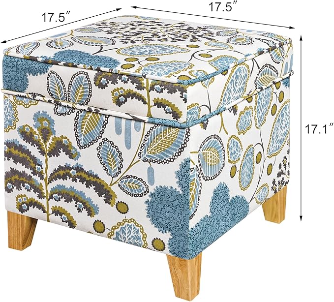 Adeco 18 Inch High Cube Ottoman Storage, Linen Chair Foot Stools, Upholstered Vanity Stool with Hinged Lid, Solid Wood Legs (Blue Leaves)-CasaMuseHome