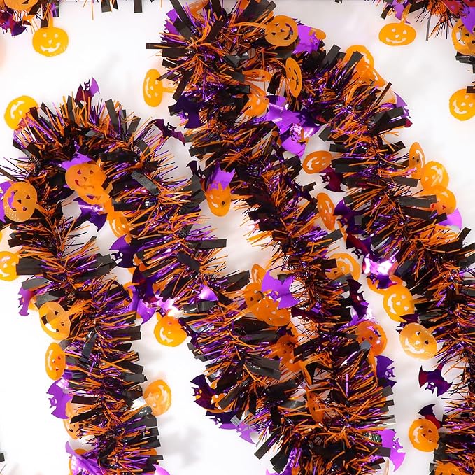 50 Ft Halloween Tinsel Garlands,Funny Pumpkin Purple Bats Shiny Metallic Twist Foil Tinsel Garland Hanging Holiday Decorations for Home Indoor Outdoor Festivities Party Decor-CasaMuseHome