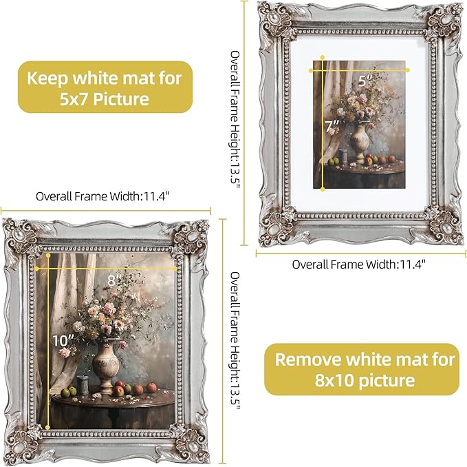 8x10 Vintage Picture Frame with Embossed Flower Design, Silver Ornate Frame for 8x10 or 5x7 Pictures with White Mat, Hand-Crafted Resin Antique Frames for Tabletop & Wall Hanging, Home Decor (Silver)-CasaMuseHome
