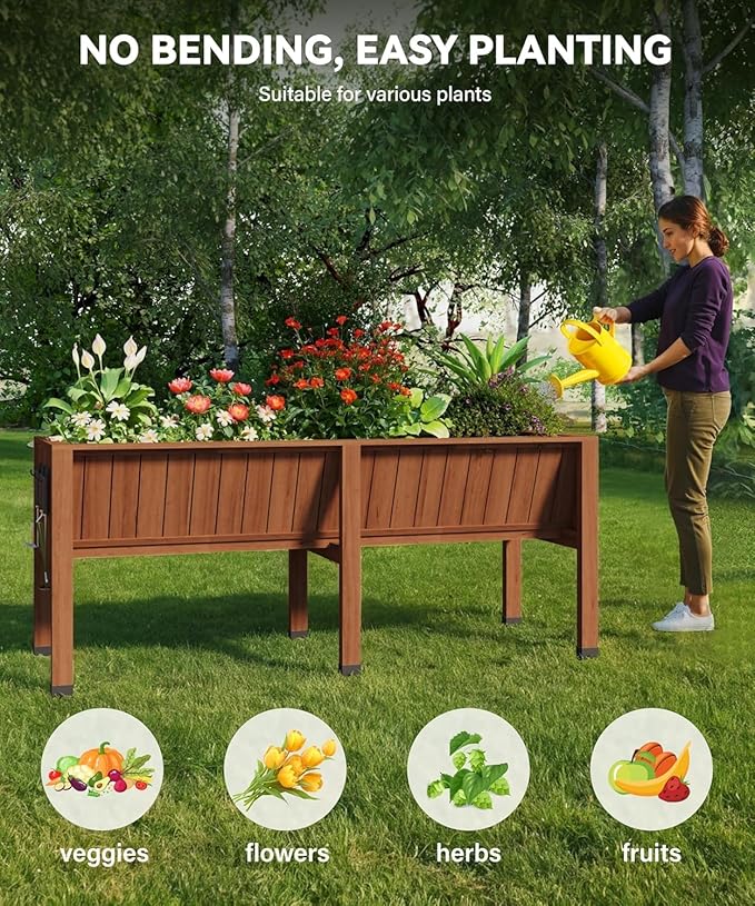 72x26x31 Inch Raised Garden Bed with Legs, 13.7In Depth Wooden Planter Box for Outdoor Growing Vegetables and Herbs, Elevated Garden Bed with Hooks for Backyard, Patio, Balcony-CasaMuseHome