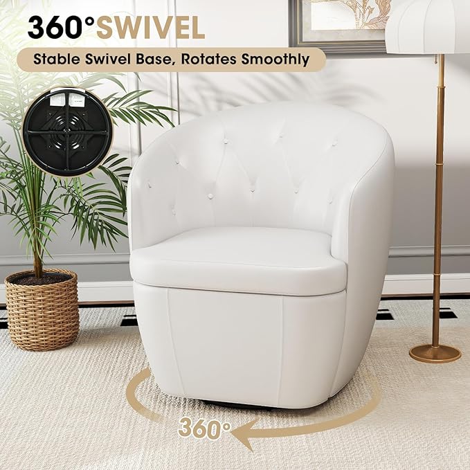 360° Swivel Leather Accent Chair, Modern Barrel Club Chair with Leather Upholstery and Sturdy Base, Comfortable Armchair for Living Room, Bedroom, Reading Nook, White-CasaMuseHome