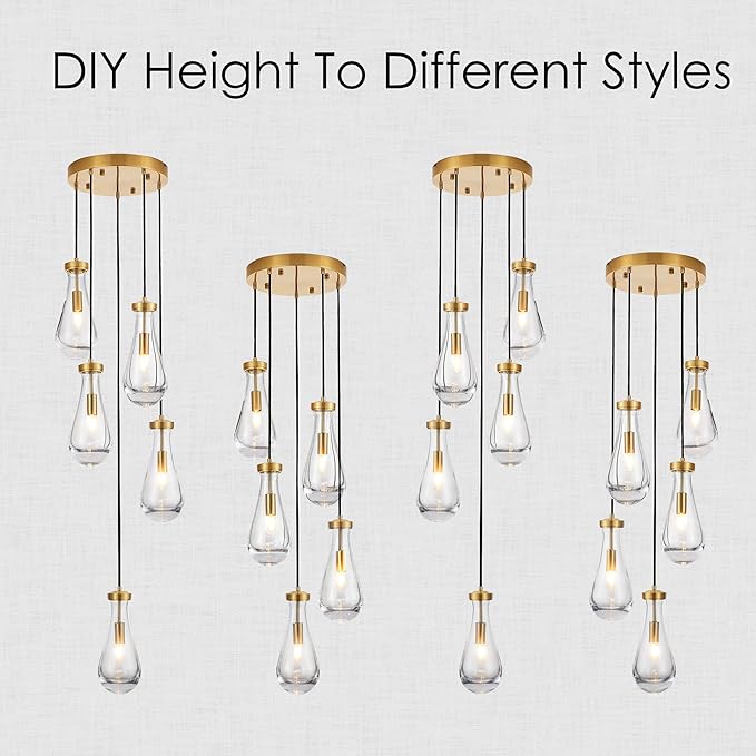 5-Light Raindrop Pendant Light Fixtures, Brass Glass Pendant Lighting, Teardrops Modern Hanging Light for Entryway Foyer Kitchen Island Dining Living Room Hallway-CasaMuseHome