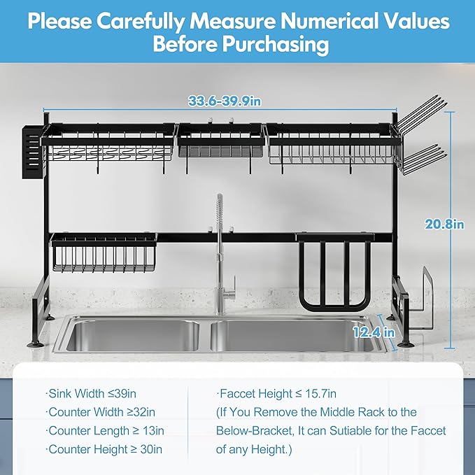 2 Tier Extra Large Stainless Steel Expandable Over The Sink Dish Drainer Drying Rack, Rust Proof Metal, Space Saving, Modern Black Big Capacity Extendable Plate Strainers Above Kitchen Counter-CasaMuseHome