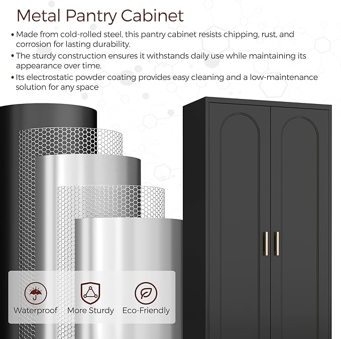 71" Tall Metal Pantry Cabinet with 4 Adjustable Shelves and Gold Handles Heavy-Duty Steel Storage for Kitchen, Dining Room or Office-CasaMuseHome