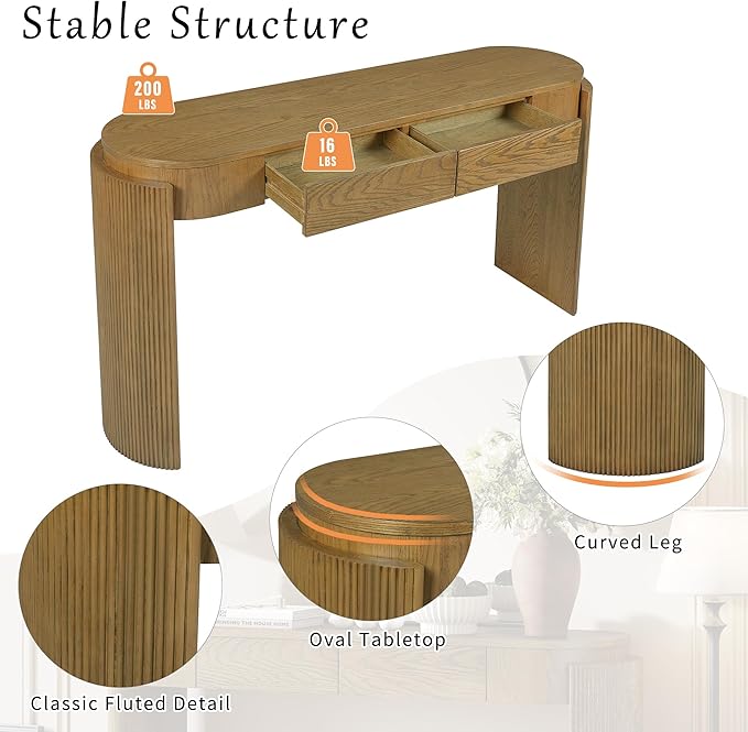 55" Sofa Table with Oval Top and 2 Drawers, Entryway Console Table with Fluted Design for Hallway,Foyer,Entry and Living Room (Fully Assembled-Pine Wood)-CasaMuseHome