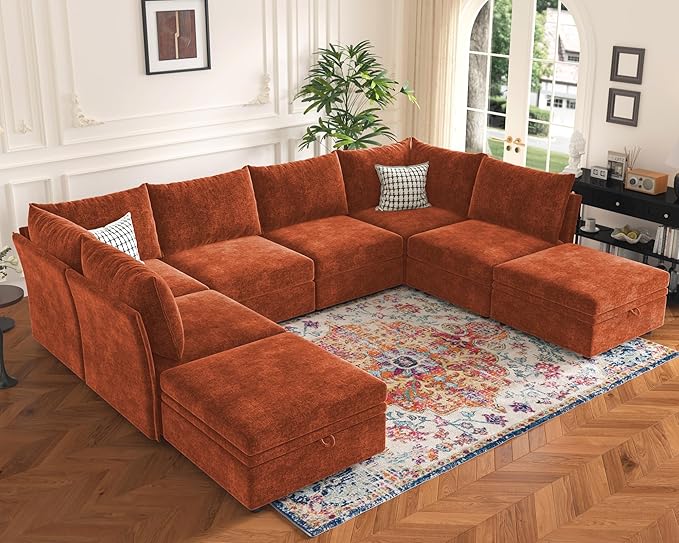 136.4" Oversized Modular Sectional Sleeper Sofa Bed, U Shaped Convertible Couch with Movable Ottoman, Large 8 Seat Corner Couches for Living Room Deep Seat Terracotta Orange Chenille-CasaMuseHome