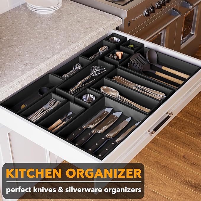 SpaceAid 14-Piece Bamboo Drawer Organizer Storage Boxes Set, Wood Tray Junk Drawer Organizers Multi-Use Divider Bins for Kitchen, Bathroom, Office Desk and Makeup Organization (14 Pack, Black)-CasaMuseHome