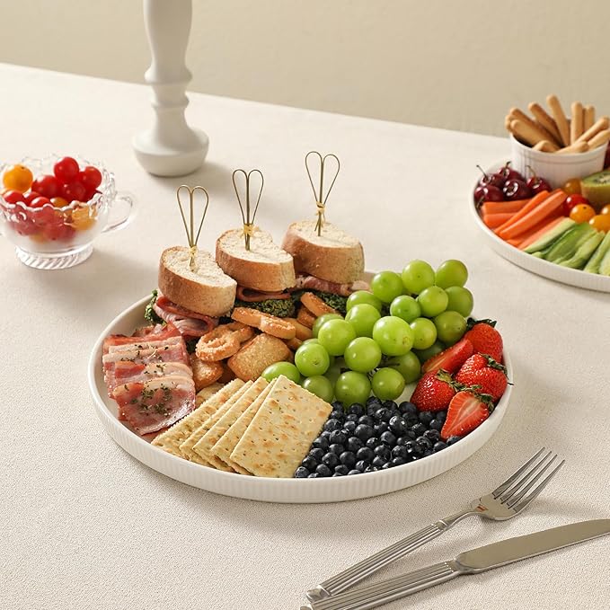 3 Packs Serving Platters, Large Serving Tray, Round Platters for Serving Food, Food Tray for Veggie Fruit Snack Dessert Cheese, White Ceramic Serving Trays for Party, Entertaining, 12.8”/10.8”/8.8”-CasaMuseHome