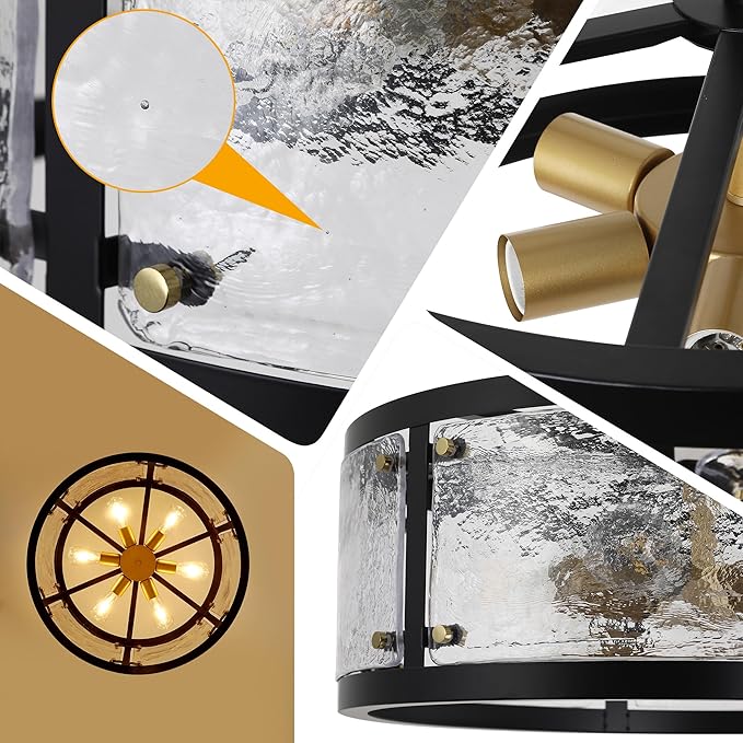 23.6" Large Farmhouse Drum Black Chandelier, 6-Light Vintage Round Glass Chandeliers for Dining Room, Industrial Light Fixture for Kitchen Living Room Stairwell, Clear Waterglass Drum Shade-CasaMuseHome