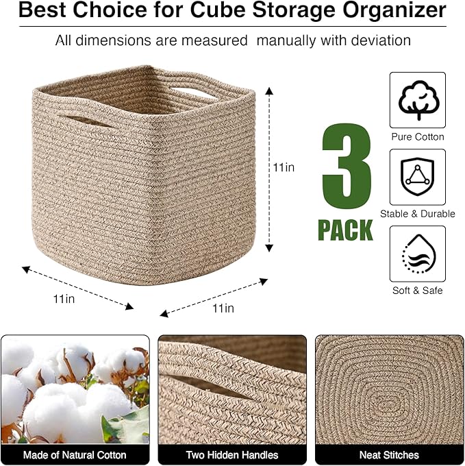 11 Inch Cube Storage Bins, Storage Cube Organizer Bins, Woven Cotton Rope Baskets for Storage, Storage Basket for Organizing Shelves, Square Baskets for Toys Nursery, Brown (Pack of 3)-CasaMuseHome
