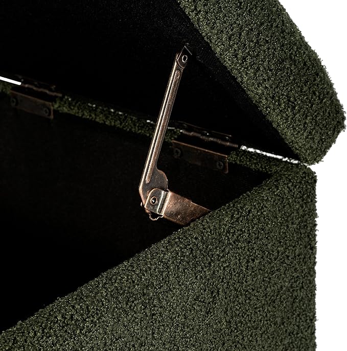 Adeco 17 Inch Soft Dark Green Cube Ottoman Storage, Teddy Velvet Chair Foot Stools, Upholstered Vanity Stool with Hinged Lid, Solid Round Wood Legs-CasaMuseHome