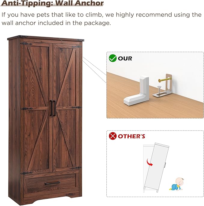 72" Tall Wood Storage Cabinet, Farmhouse Kitchen Pantry Cabinet with Adjustable Shelves & Drawer & Barn Doors, Versatile Storage for Kitchen, Dining Room, Bathroom, Brown-CasaMuseHome