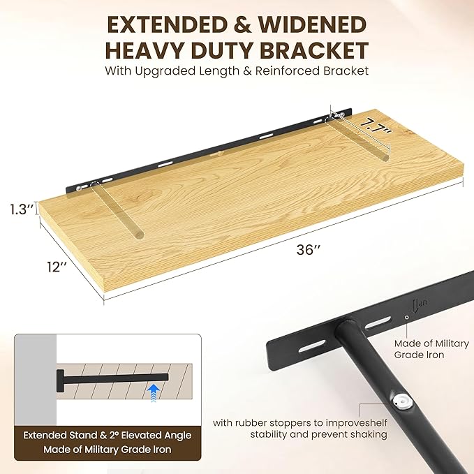 36" Floating Shelves for Wall, 12" Deep Slim Oak Floating Shelves, Wall-Mounted Shelves for Bedroom, Living Room, Kitchen, Bathroom - Set of 2-CasaMuseHome