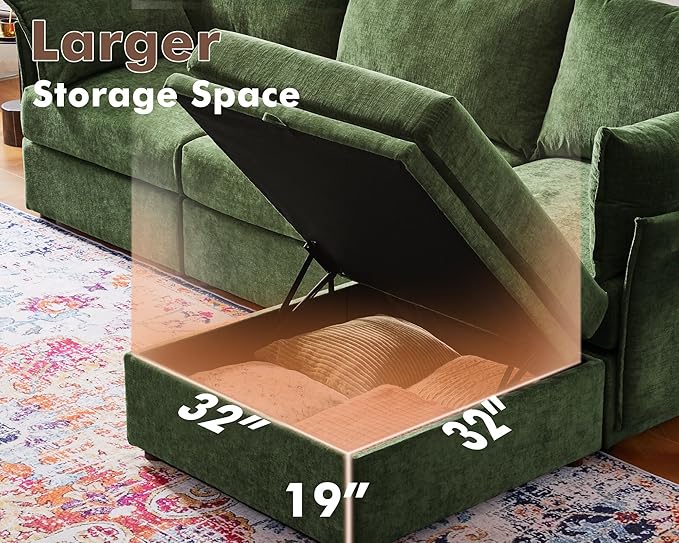 134.6" Luxury Modular Sectional Convertible Sofa with Storage Ottoman, L-Shape 5-Seat Oversized Comfy Couch Deep Seat with Reversible Chaise - Chenille Green-CasaMuseHome