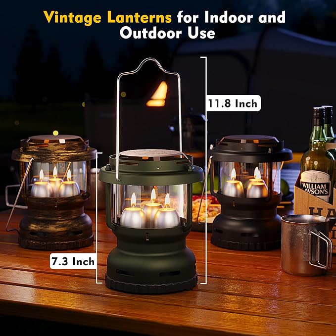 3-Wick Emergency Candle Lantern for Power Outages [18H+ Burning Time] Vintage Decorative Candle Lantern for Real Candles, Outdoor Portable Camping Survival Lighting [7.1"*5.7" - Forest Green]-CasaMuseHome
