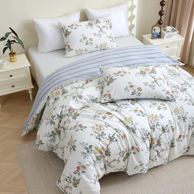 ABREEZE Floral Duvet Cover Queen Size Set Bird Flowers Bedding Set 100% Brushed Cotton Bedding Collection 1 Duvet Cover with 2 Pillowcases White-CasaMuseHome
