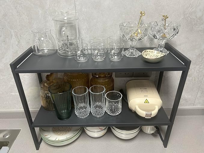 2 Tier Expandable Cabinet Shelf Organizer 14.5-25" L Kitchen Counter Shelf Rack Stand Sink Riser Countertop Storage Black (Normal 7.9”D)-CasaMuseHome