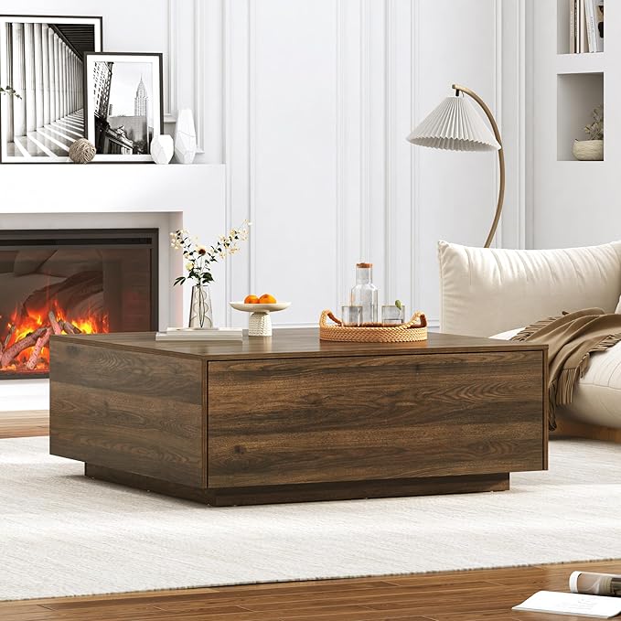 43” Square Coffee Table with Storage, Modern Large Square Center Table with 2 Drawers, Wood Coffee Table for Living Room, Walnut-CasaMuseHome