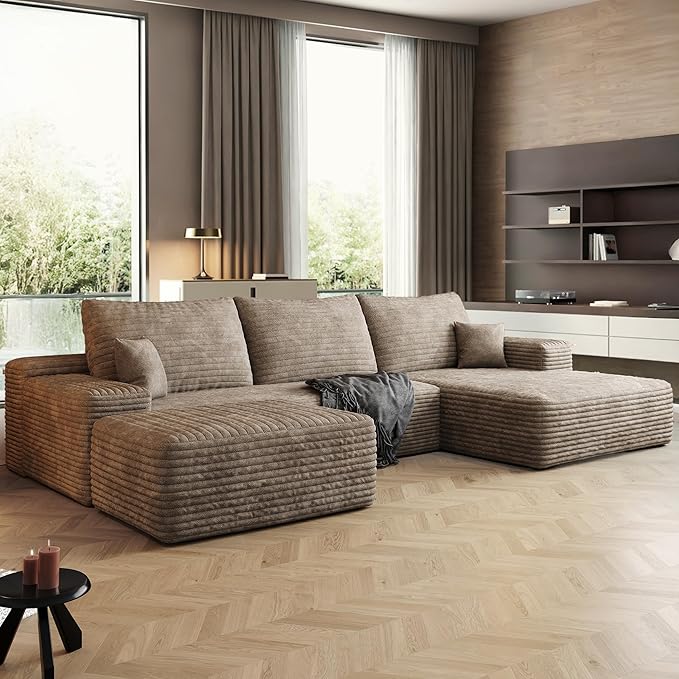108" Sectional Couches for Living Room Modern Modular Sofa with L-Shape Couchs Upholstered Boneless Couch Deep Seat Sectional Couch with Chaise (Camel, Right Facing Chaise+2Seaters+1Ottoman)-CasaMuseHome