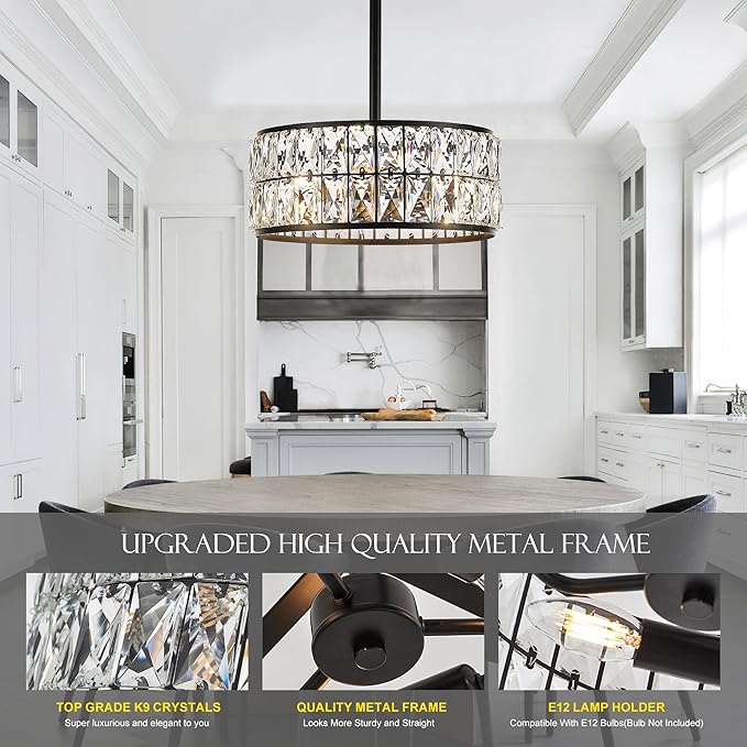 12” 3-Light Modern Crystal Chandeliers Black Dinning Room Light Fixture with Two Poles, Round Pendant Light Kitchen Island Chandelier, Flush Mount Ceiling Light for Living Room Entryway-CasaMuseHome